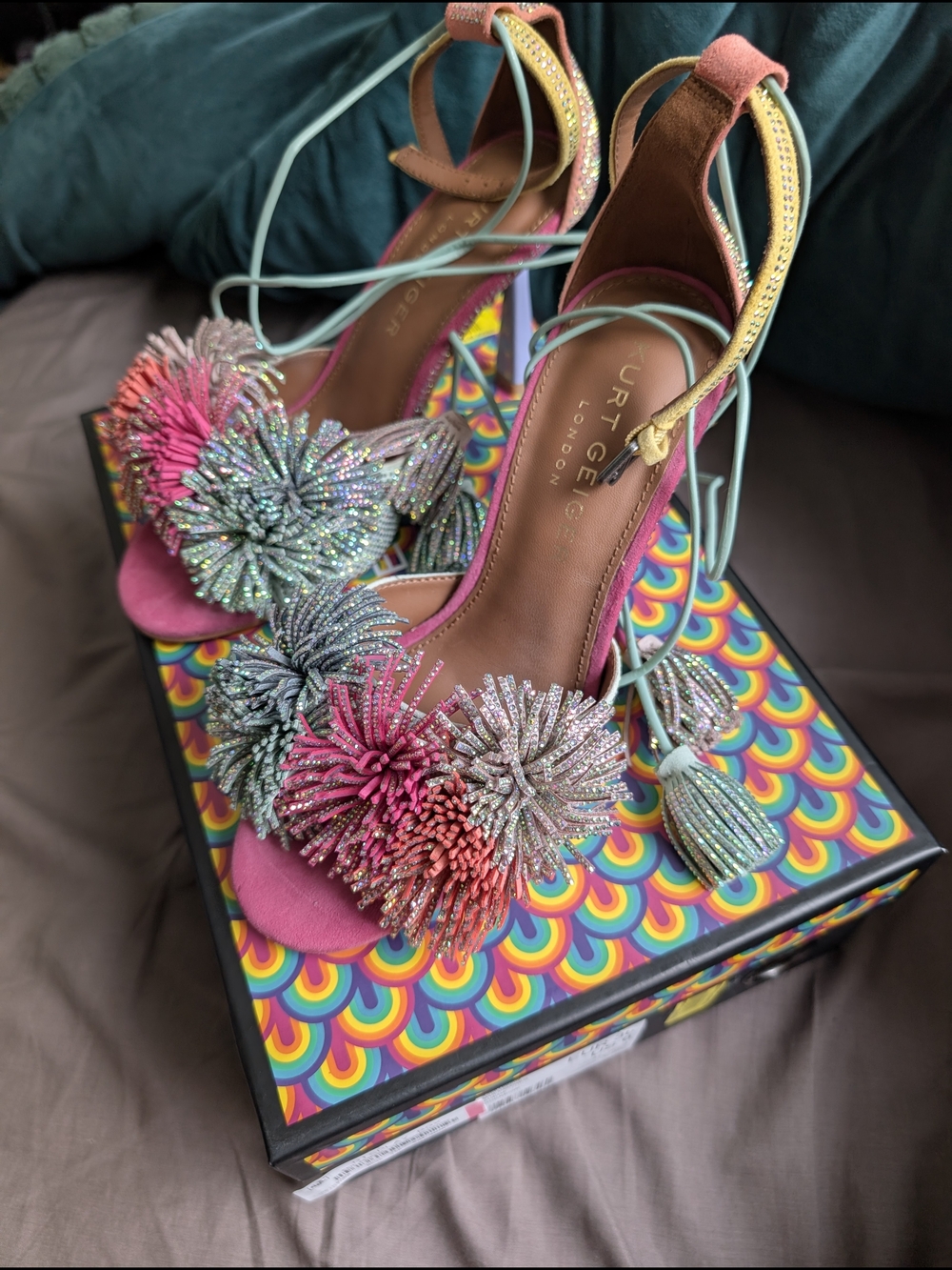 Kurt Geiger Pink Multicolor Pom-Pom Lace-Up Sandals